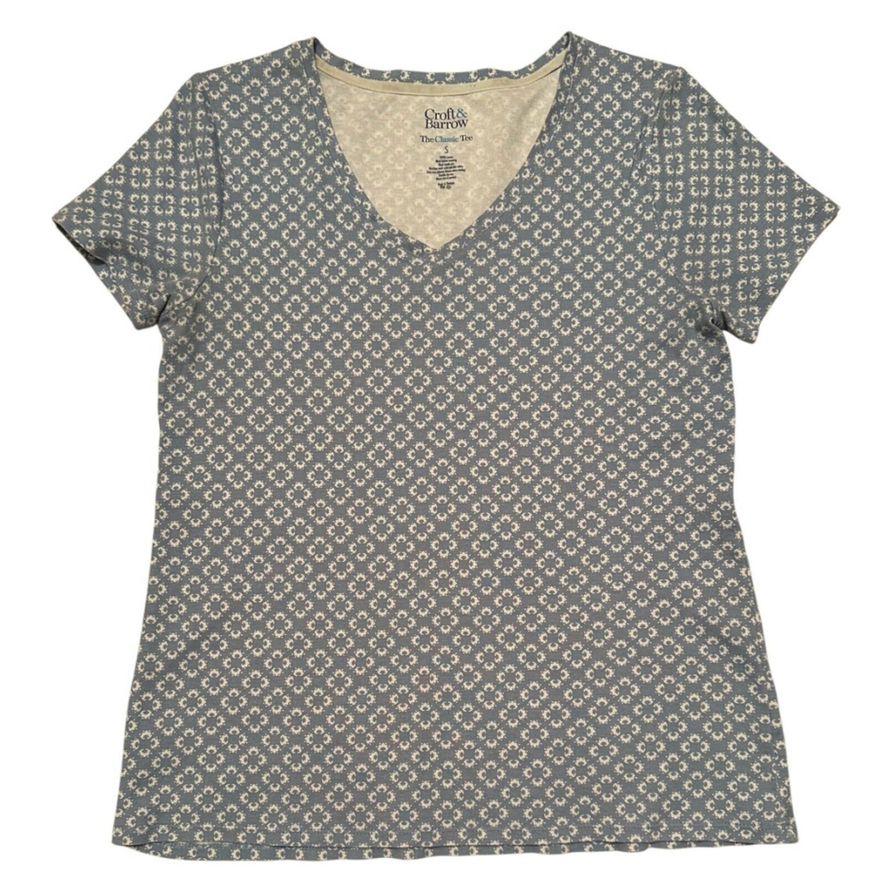 Croft & Barrow Tee Shirt Classic Tee Blue & White Floral Print T-Shirt Womens S